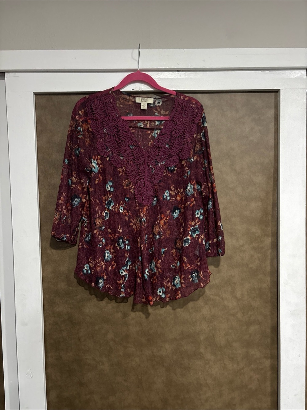 Vintage America Burgundy Floral Lace-Detail Peasant Top